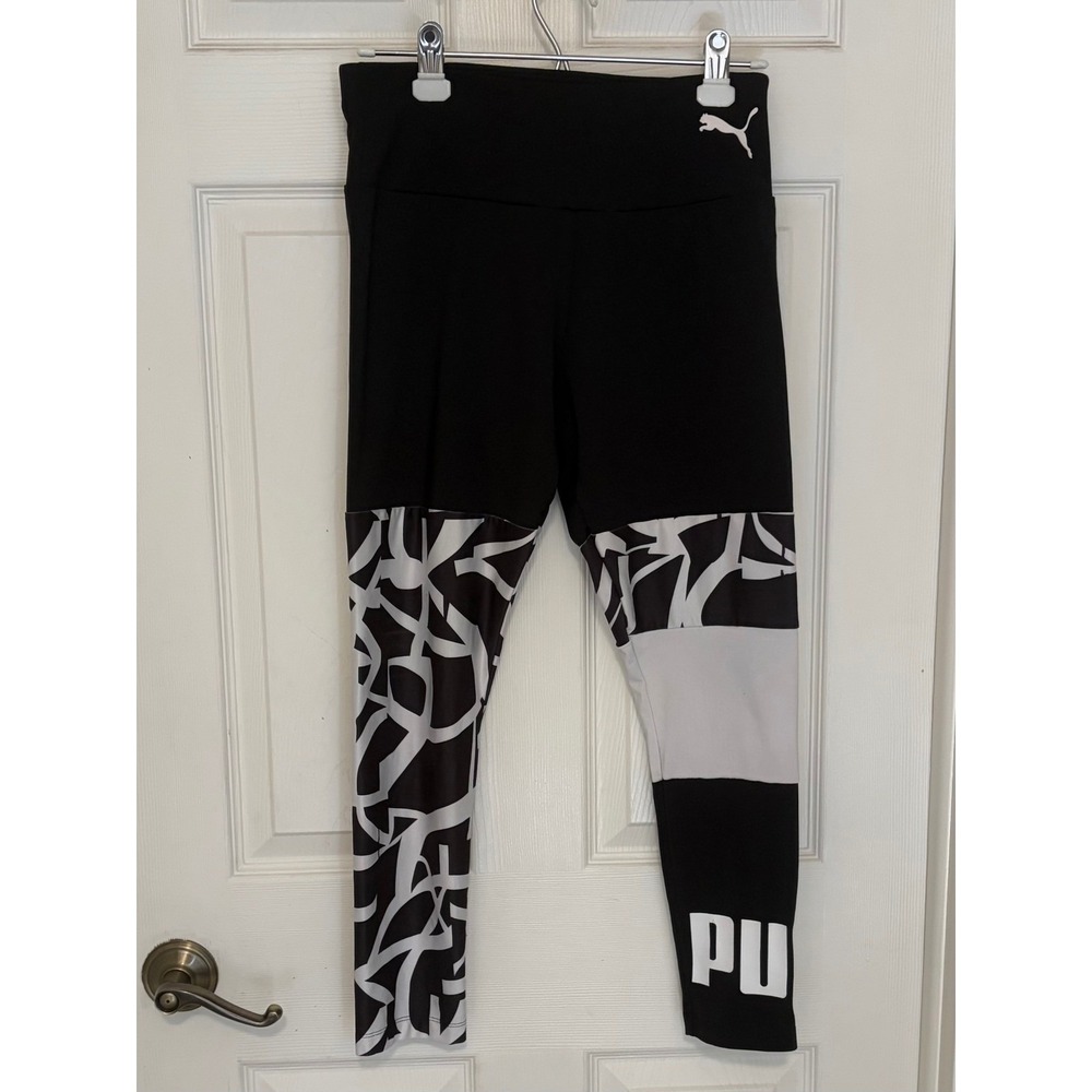 Puma Women's Large Black White Graphic Colorblock High Rise Leggings